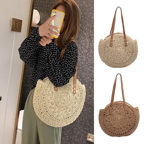 

#h40 round straw beach bag vintage handmade woven shoulder bag circle rattan bags bohemian summer vacation casual bags