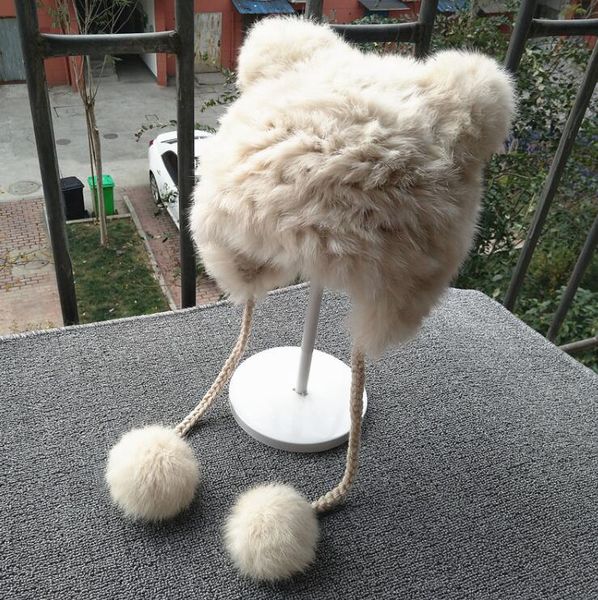 

children's natural fur knitted hats kids winter thicken warm fashion lovely bear ear fur skullies & beanies tb374, Yellow