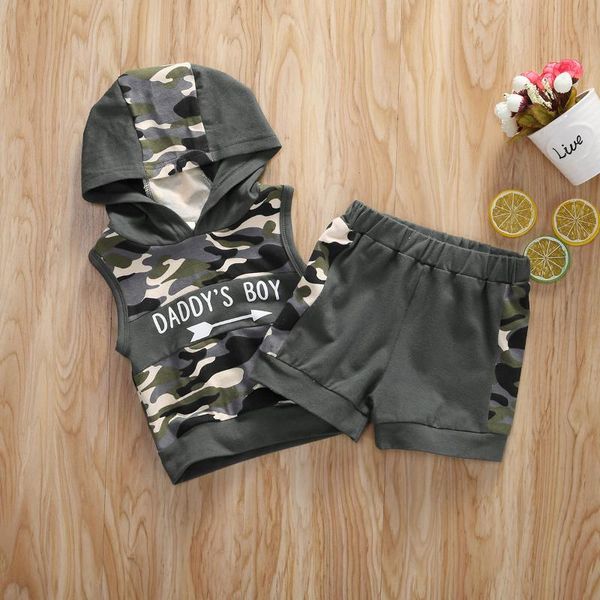 

summer infant baby boy camouflage clothes sets sleeveless hoodies +print short pants 2pcs, White