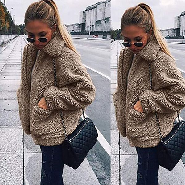 

женская зима дизайнер искусственного меха с длинным рукавом сплошной цвет отворот шеи молния женская верхняя одежда теплый стиль повседневна, Black