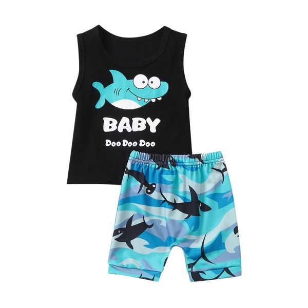 

summer new fashion infant boy kid cartoon shark letter printed vest +shorts outfits set wholesale z4, White