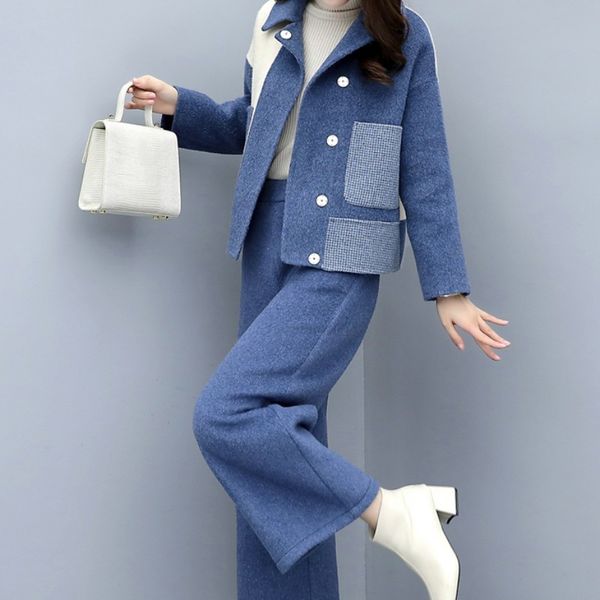 

elegant ladies winter wool blends two piece set women wide leg pants colors mixed matching sets office slim fit coat outfits, White