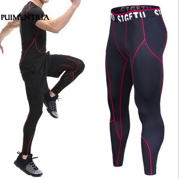 

puimentiua patchwork men running compression pants men jogging skinny sport long trousers large size fitness sportspants, Black