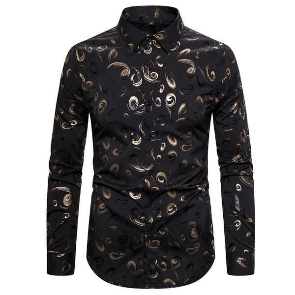 

men's casual shirts mens black gold floral dress shiny bronzing long sleeve shirt men business wedding groom tuxedo male chemise homme, White;black