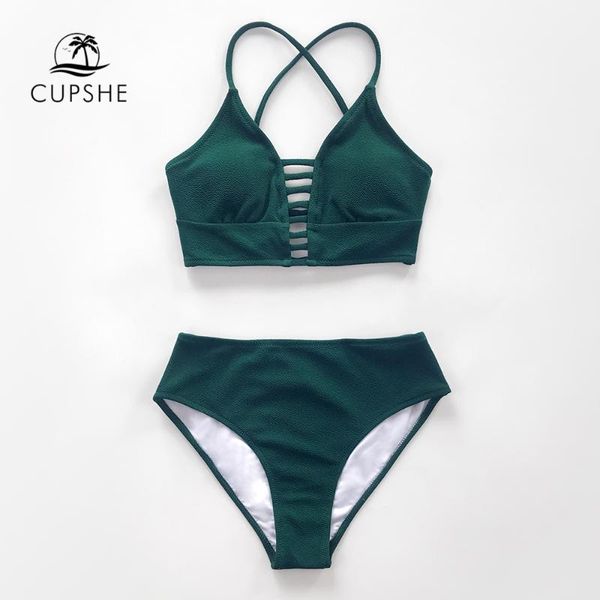 

cupshe solid dark green lace up mid-waist bikini sets cut out swimsuit two pieces swimwear women 2020 beach bathing suits, White;black