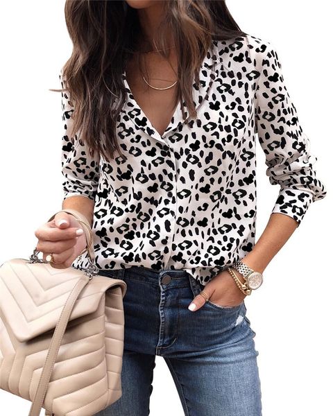 

весна leopard отпечатана женщины рубашки модельер отворот шея женского tees casual щитовых дряблых дамы одежда, White