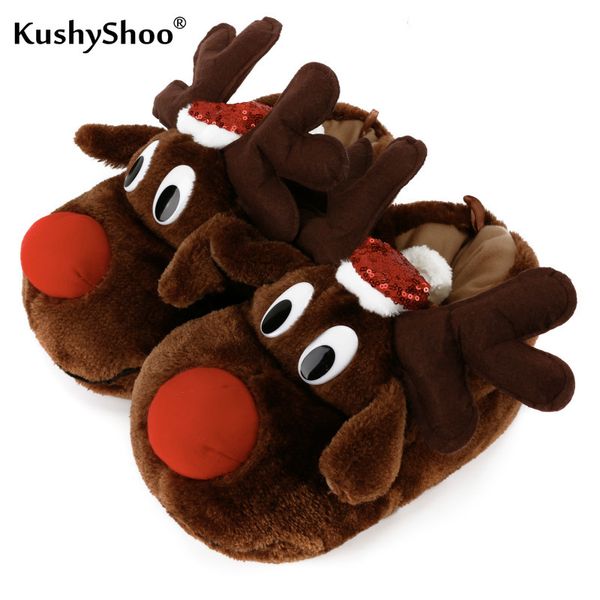 

kushyshoo women shoes cute women slippers anti-skid home indoor christmas 3d animal reindeer furry slippers zapatos de mujer, Black