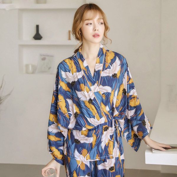 

woman autumn elegant pajamas sets long sleeve pants home suit print kimono pajamas suit, Black;red