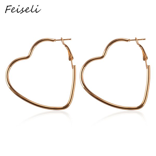 

feiseli big circle love heart shaped hoop earrings for women oversized punk style geometric earring personalized ear jewelry, Golden;silver