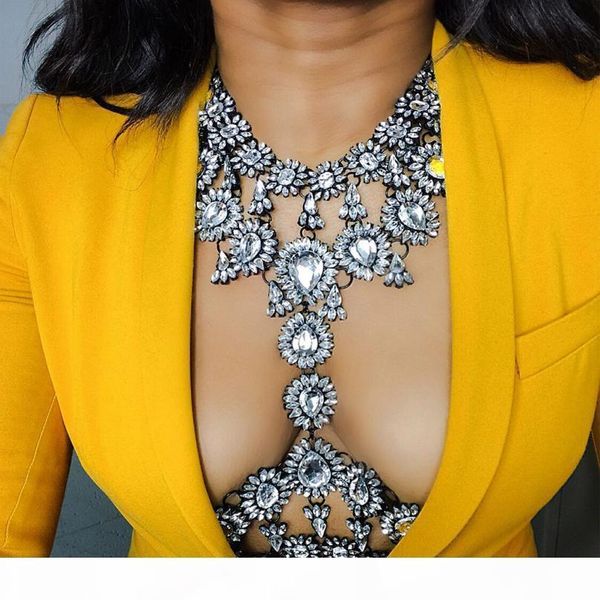 

lady new summer long body necklace chain handmade ab crystal gem chunky maxi luxury gem statement necklace femme 3415, Silver