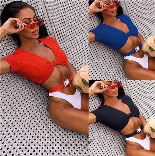 

2019 sport series half sleeve bikini for ladies split with button insert buckle pure color swimsuit bathing suit women's split