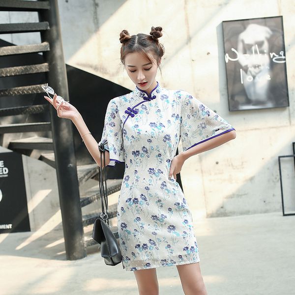 

новые сладкие женщины короткие шифон печатных локоть рукав стенд воротник платья ежедневно короткое женское платье розовый свежий девушка ch, White