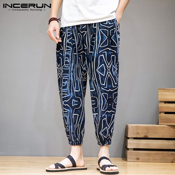

2020 leisure cotton harem pants men casual pants printed joggers chic bottoms vintage pantalones hombre streetwear 5xl incerun, Black