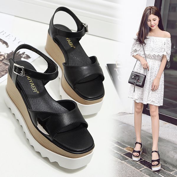 

gold/silver platform sandals women ankle strap creepers summer shoes woman open toe high heels wedges gladiator sandalias mujer, Black