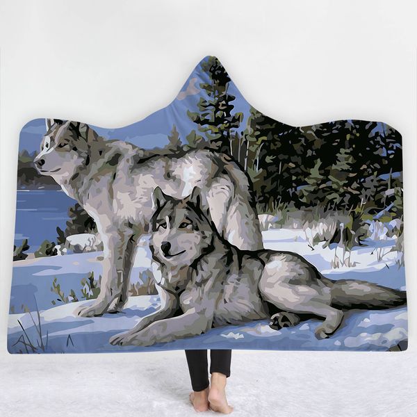 

softbatfy watercolor tempera wolf and hooded blanket fleece throw blanket dropshipping