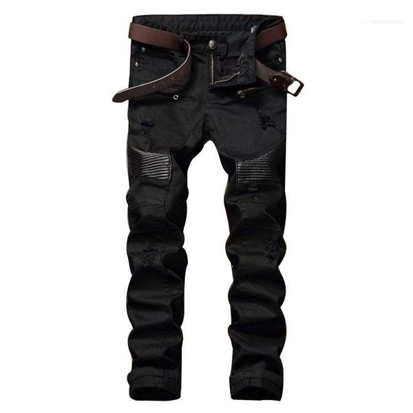

black moto denim joggers for male distressed jeans pants mens designer ripped biker jeans fashionleather patchwork slim fit, Blue