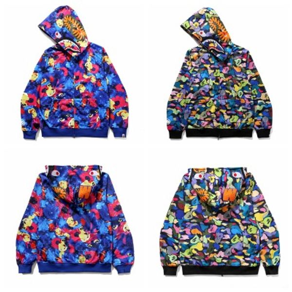 

19ssbape new wave card hello shark ape sweatershirt young character camouflage thin sweater off men's casual hooded coat white, Black;red