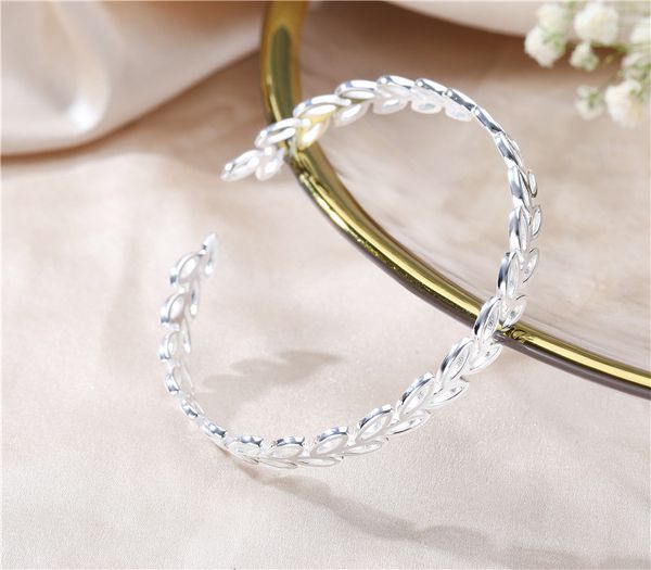 

bangle charm s925 sterling silver bracelet fashion simple hollow leaf twig open ladies women gift, Black