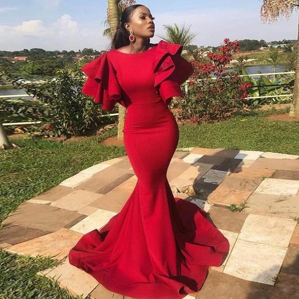 

simple red ruffles tier sleeve mermaid evening dresses o neck sweep train satin formal dress plus size women's evening gowns, White;black