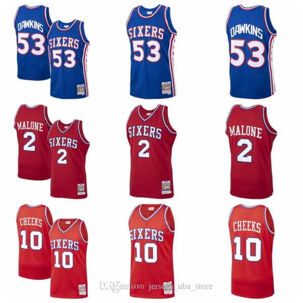 

men philadelphia 76ers 53 darryl dawkins 10 cheeks 2 malone mitchell & ness 1976-77 hardwoods classics swingman player jersey 04, Black;red