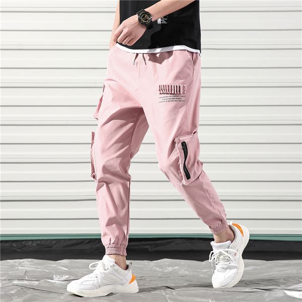 

harajuku cotton hip hop cargo pants men pink color harem pants pockets mens korean streetwear joggers sweatpants man trousers, Black