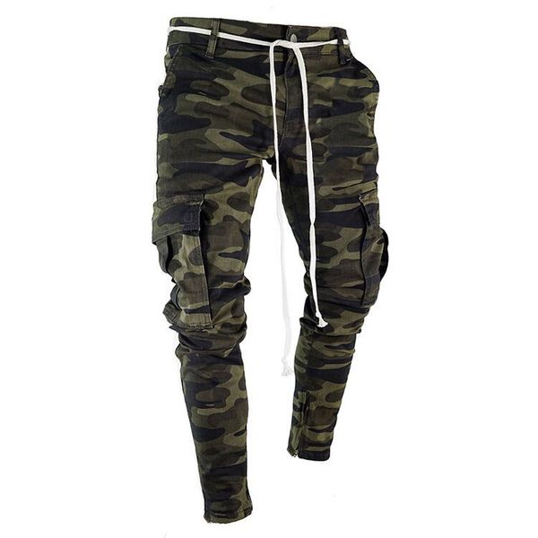 

mens camouflage pencil designer jeans fashion big pockets striped zipper design slim jean pants, Blue