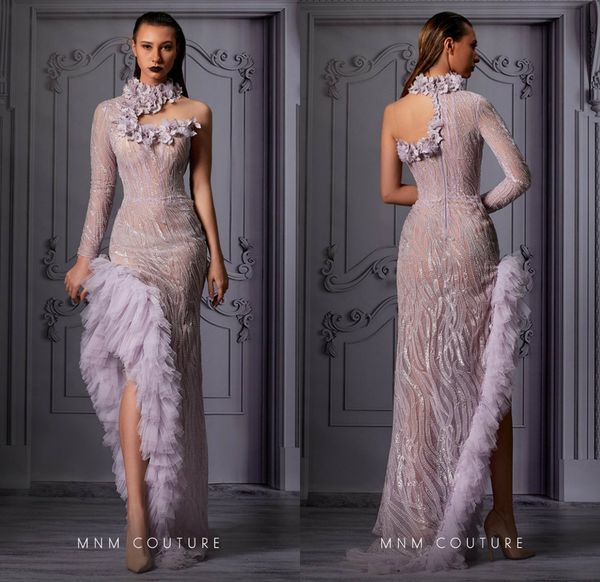 

mermaid prom dresses 2020 new high neck one shoulder long sleeeve side split evening dress party wear custom made luxury formal gowns, Black