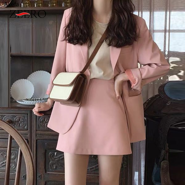 

two piece dress autumn women suits pink skirt 2 set blazer jacket mini ladies casual work sets elegant woman plus size, White