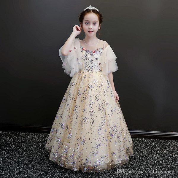 

fashion floor length handmade flowers flower girl dresses short sleeve kids pageant gowns long flower girl dresses for weddings, White;blue