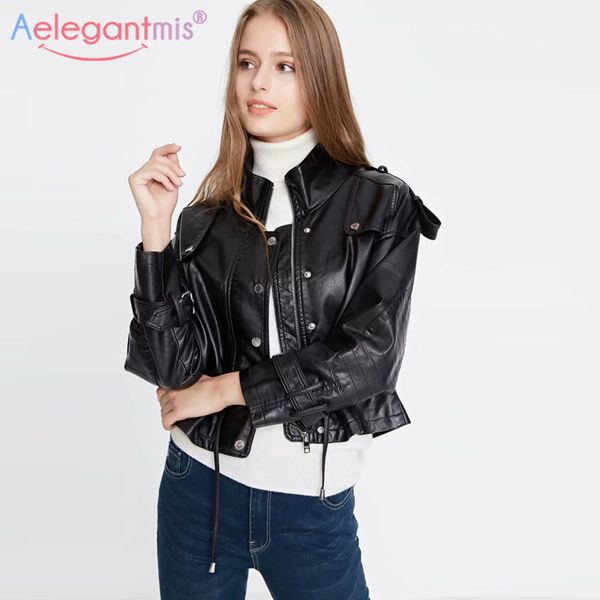 

aelegantmis новые шикарные женщины искусственная кожаная куртка весна осень мотоцикл байкер пальто черный розовый верхняя одежда женский пан, Black