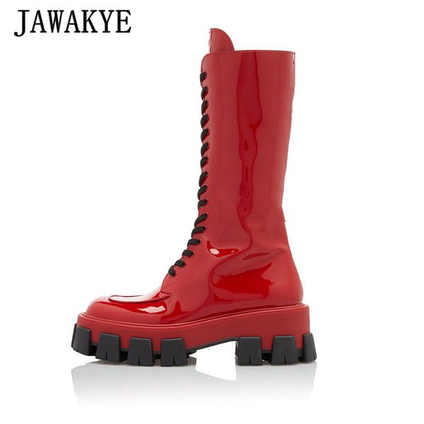 

fashion patent leather flat platform women knight boots cross tied mid calf motorcycle boots 2019 red pink t show woman, Black