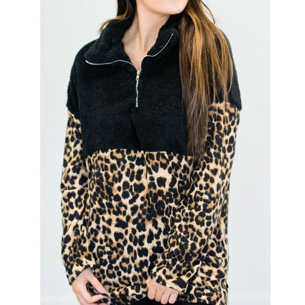

women leopard fluffy winter warm sweatshirt ladies hoodies half-zip pullover patchwork sweatshirts, Black