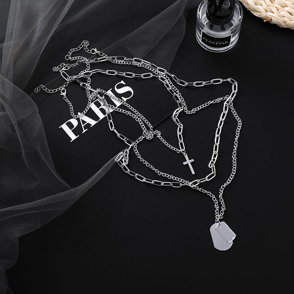 

american silver cross pendant link chain geometric square necklace punk hip hop layered chain necklace for girl women jewelry