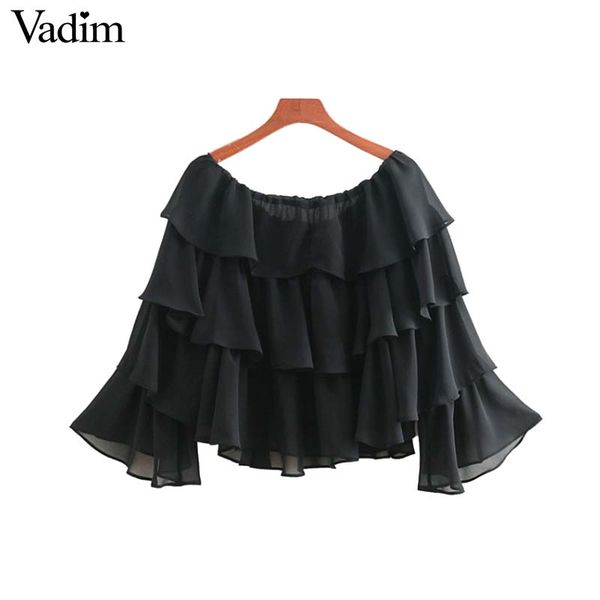 

vadim off shoulder chiffon ruffled crop slach neck see through multi-layered blouse casual short black shirts blusas la607, White