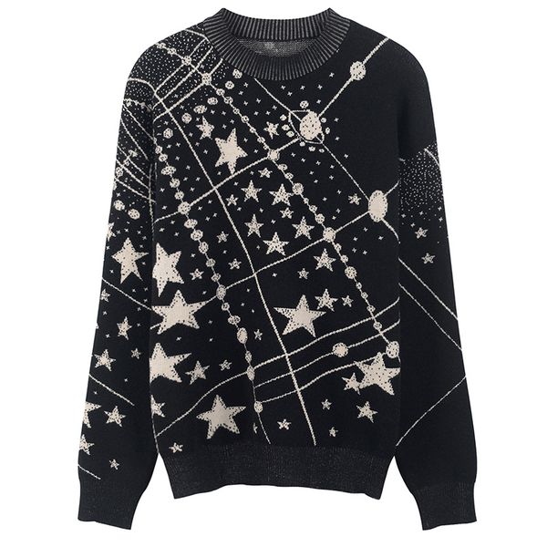 

2018 autumn winter laides jacquard sweaters pullovers retro galaxy star pattern sweater women vintage long sleeve jumpers, White;black