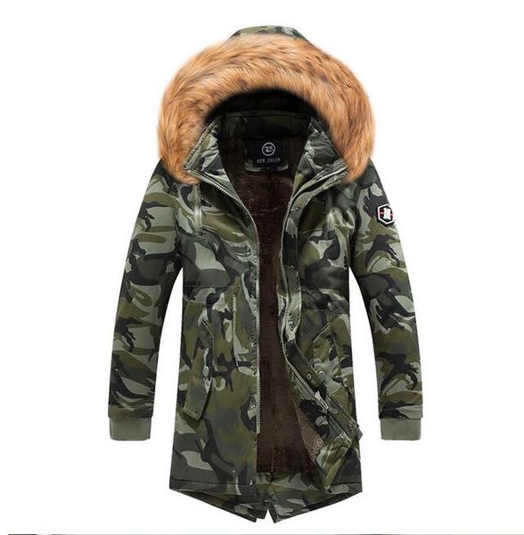 

men's camo parka 2020 winter long thick jacket army green wadded coat warm fur collar casual hooded overcoat male hat detachable, Black