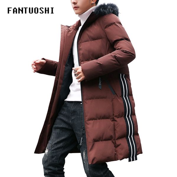 

2019 new winter long coats men thicken warm slim casual jacket hooded outerwear collar detachable cotton parkas, Black