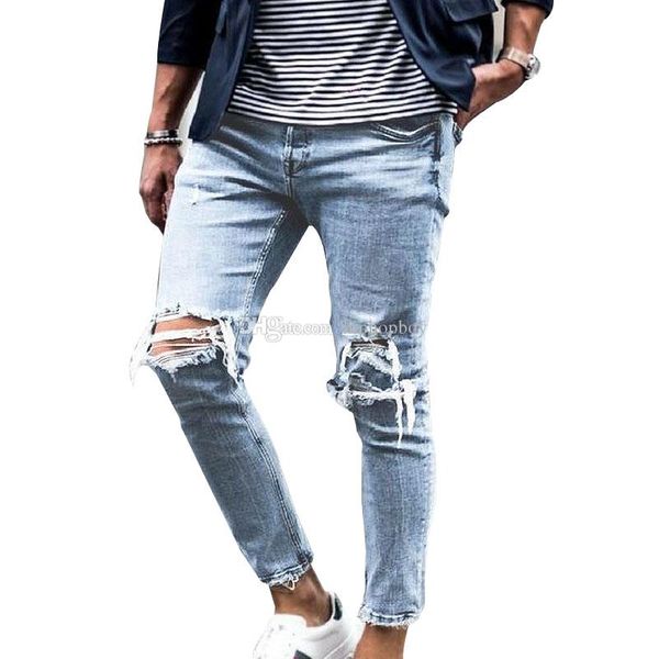 

brand new fashion designer мужские джинсы высокого качества trend hole повседневные джинсы мужчины женщины тонкий брюки, Blue