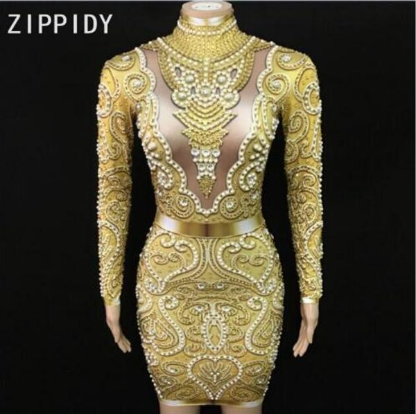 

fashion sparkly gold rhinestones pearls long sleeves dress bar party dance women singer clothes celebrate outfit dress, Black;gray