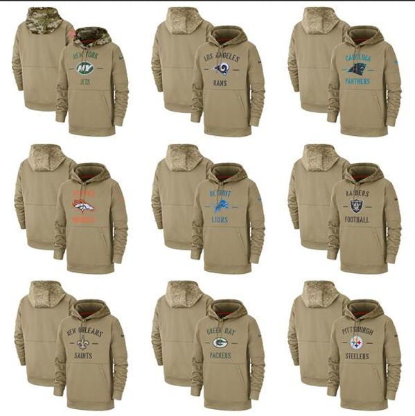 

men women youth style steeler saintss packer lion ram jets broncos panthers tan 2019 salute to service sideline therma pullover hoodie, Blue;black