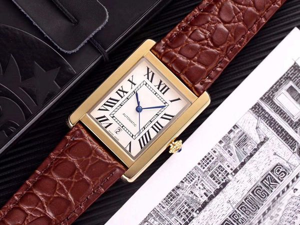 

high-quality leather strap men's mechanical automatic watches wristwatch folding buckle leather watches fashion rectangule watch, Slivery;brown