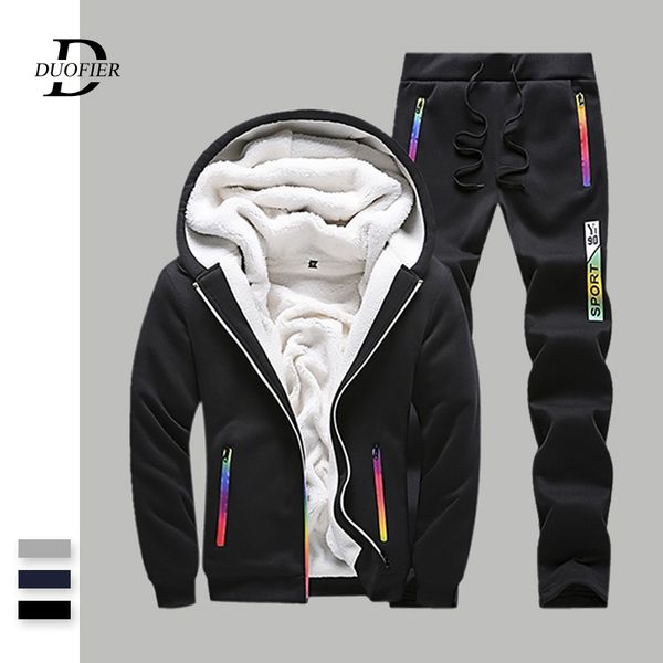 

men fleece causal tracksuits warm thicken hooded sets hoodies+pants 2pc winter mens sportswear print sweatshirt sportsuit male, Gray
