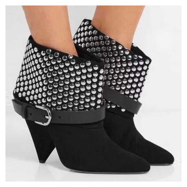 

punk rivet stud ankle boots for women fashion buckle belted spike heels short booties mujer runway female high heels boots shoes, Black