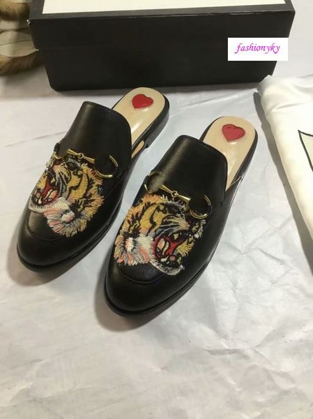 

popular brands leather loafers muller designer slipper mens shoes with buckle popular brands men women princetown slippers, Black