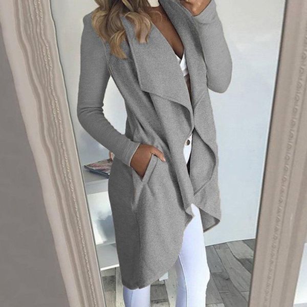 

new solid color women irregular hem open front long sleeve lapel cardigan outwear, Black;brown