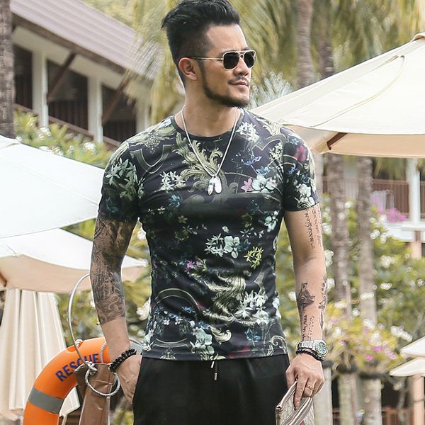 

2019 summer short sleeve mens t shirt new fashion kirin print o-neck t shirt men casual design fitness tee homme t1010, White;black
