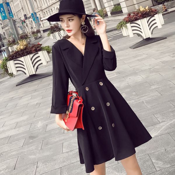 

casual dresses [ewq] 2021 spring summer three quarter sleeve dress women elegant korea high waist ladies office black blazer qx170, Black;gray