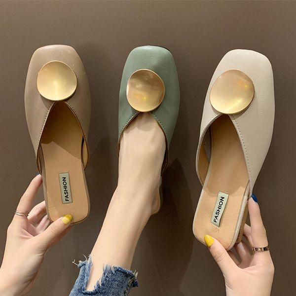 

women mules 2020 low-heeled casual shoes metal buckle slides wooden heel summer half slippers elegant ladies outside shoes b205, Black