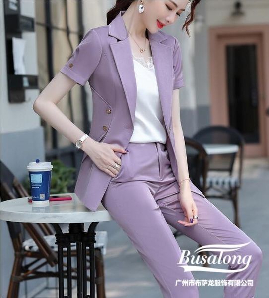 

2 piece set women suit female the new career suit female 2020 summer short- sleeved small jacket trousers plus size, White;black