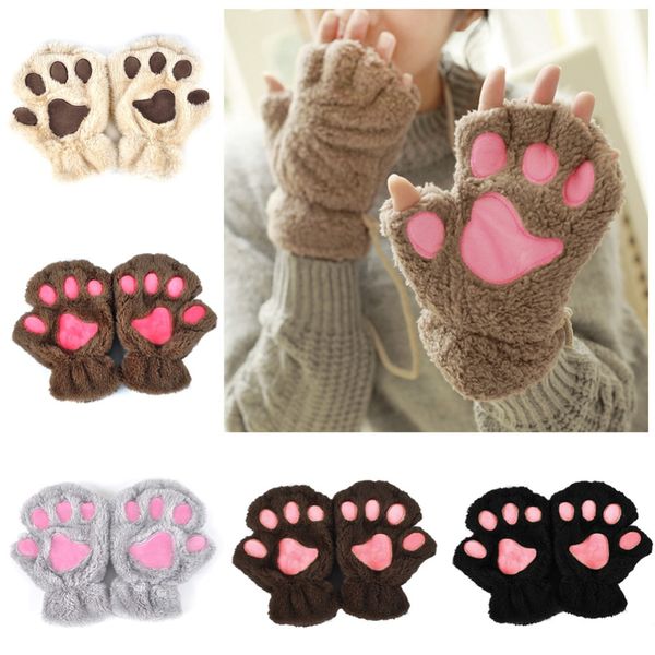 

fashion women winter lovely bear cat claw plush gloves mitten working safety warm short finger half gloves ladies half cover, Blue;gray